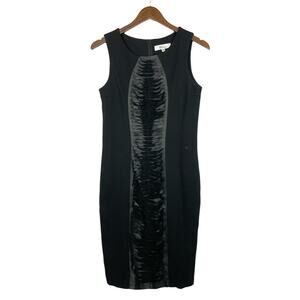 My Tribe | Black Leather Panel Sleeveless Knee Length Career Sheath Dress